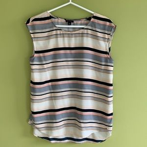 Ann Taylor navy/tan/peach/gray/cream striped blouse.